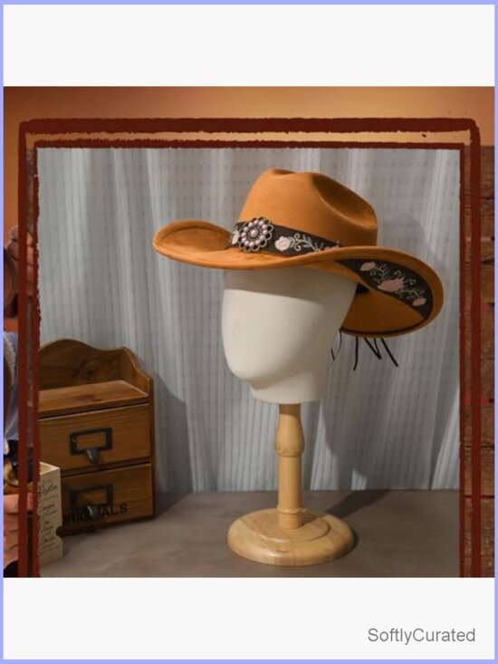 Wide Brim Felt Cowgirl Hat with Embroidery, Suede-Finish, Adjustable main image 6